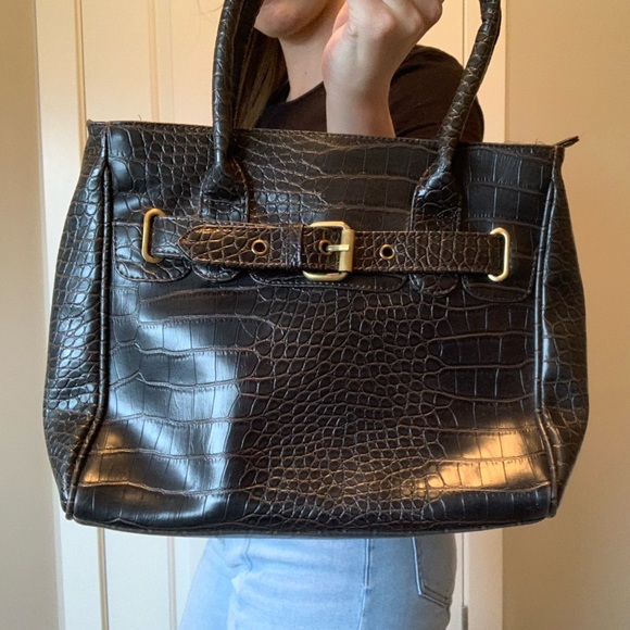 Brown Faux Leather Handbag With Buckle - Picture 3 of 8